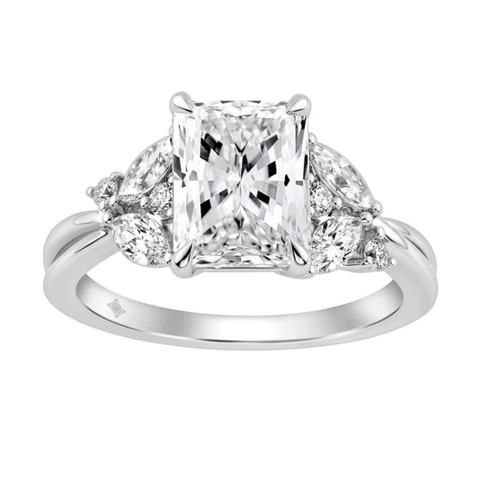 14K White Gold Ladies Lab-Grown Diamond Ladies Engagement Ring 3 1/2Ct Radiant, Round & Marquise With Side Marquise Accents 3Ct Radiant Center Sto