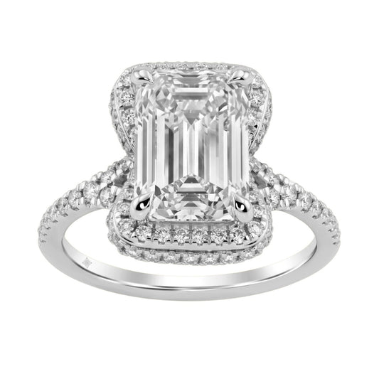 14K White Gold 4 1/2Ct Ladies Emerald-Cut Hidden Halo Engagement Ring 4Ct Emerald Center Stone & Round Diamond (Color F-G -Clarity Vs1/Vs2)