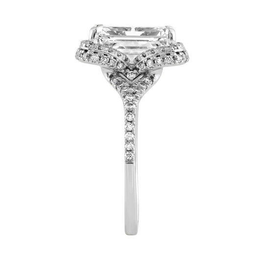 14K White Gold 4 1/2Ct Ladies Emerald-Cut Hidden Halo Engagement Ring 4Ct Emerald Center Stone & Round Diamond (Color F-G -Clarity Vs1/Vs2)