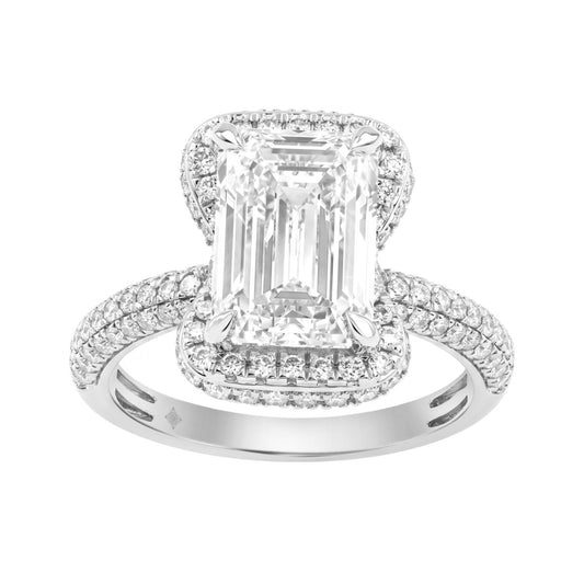 14K White Gold 4 1/2Ct Ladies Emerald Cut Hidden Halo Engagement Ring 4Ct Emerald Center Stone & Round Diamond (Color F-G -Clarity Vs1/Vs2)