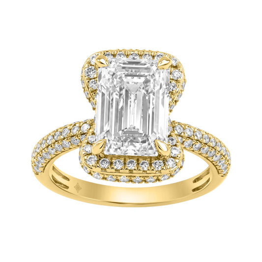 14K Yellow Gold 4 1/2Ct Ladies Emerald Cut Hidden Halo Engagement Ring 4Ct Emerald Center Stone & Round Diamond (Color F-G -Clarity Vs1/Vs2)