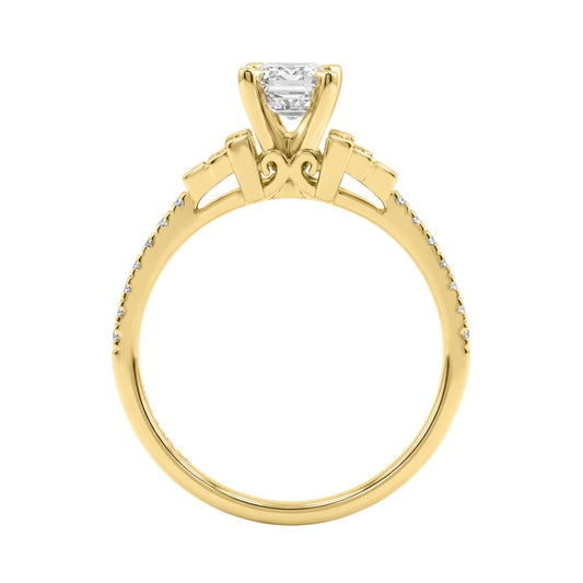 14K Yellow Gold Lab Grown Emerald Cut Diamond Ladies Engagement Ring 1 1/4Ct With Round & Baguette Side Stones 1Ct Emerald Center Stone (Color F-G -Clarity Vs1/Vs2)