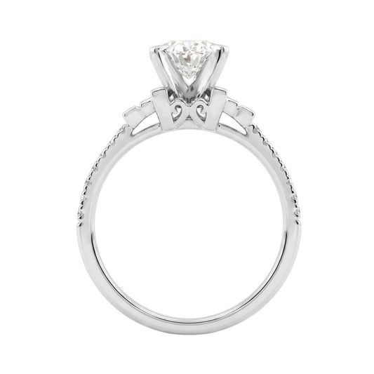 14K White Gold Lab Grown Emerald Cut Diamond Ladies Engagement Ring 1 1/4Ct With Round & Baguette Side Stones 1Ct Oval Center Stone (Color F-G -Cl