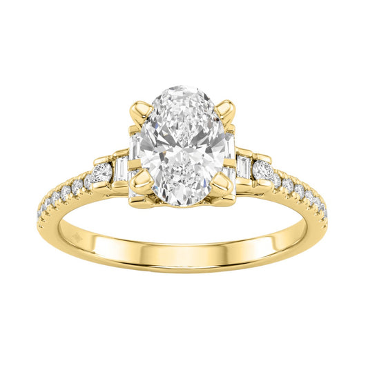 14K Yellow Gold Lab Grown Emerald Cut Diamond Ladies Engagement Ring 1 1/4Ct With Round & Baguette Side Stones 1Ct Oval Center Stone (Color F-G -Clarity Vs1/Vs2)