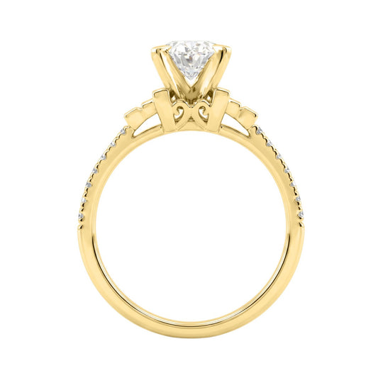 14K Yellow Gold Lab Grown Emerald Cut Diamond Ladies Engagement Ring 1 1/4Ct With Round & Baguette Side Stones 1Ct Oval Center Stone (Color F-G -Clarity Vs1/Vs2)