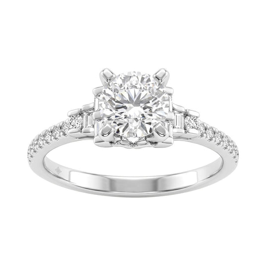 Round Diamond Engagement Ring 1 1/4Ct 14K White Gold Ring With Round & Baguette Accent Diamonds For Women 1Ct Round Center Stone (Color F-G -Clarity Vs1/Vs2)