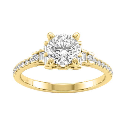 Round Diamond Engagement Ring 1 1/4Ct 14K Yellow Gold Ring With Round & Baguette Accent Diamonds For Women 1Ct Round Center Stone (Color F-G -Clarity Vs1/Vs2)