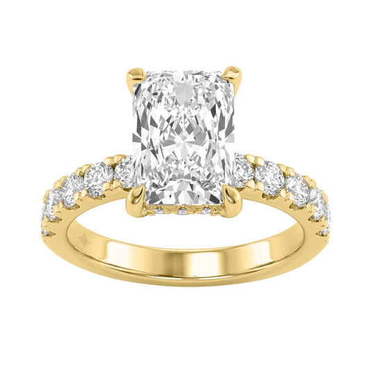 Elegant 14K Yellow Gold Ladies Ring With 4.00Ct Round And Radiant Diamonds In A Sparkling Hidden Halo Ring 3.00Ct Radiant Center Stone (Color F-G -Clarity Vs1/Vs2)