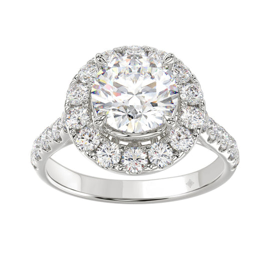 14K White Gold 2 1/2Ct Round Lab Grown Diamond Halo Engagement Ring 1 1/2Ct Round Center Stone (Color F-G Clarity Vs1/Vs2)