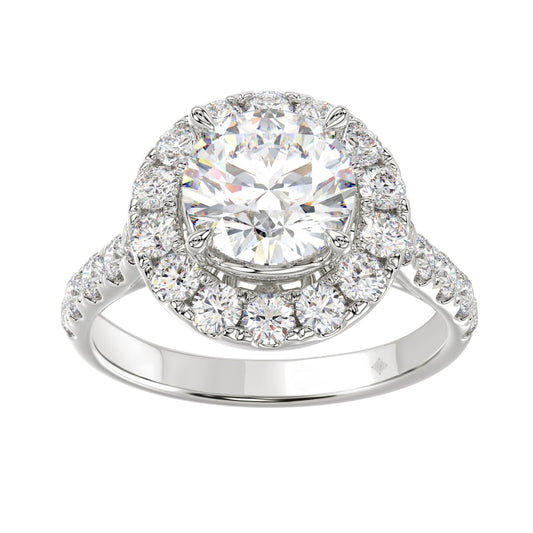 14K White Gold 2 1/2Ct Round Lab Grown Diamond Halo Engagement Ring 1 1/2Ct Round Center Stone (Color F-G Clarity Vs1/Vs2)