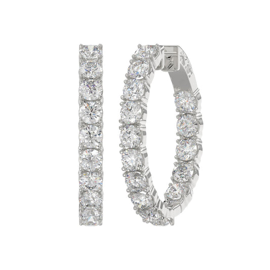 LADIES HOOP EARRINGS 7CT ROUND DIAMOND 14K WHITE GOLD