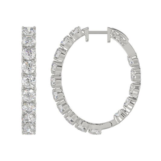 LADIES HOOP EARRINGS 7CT ROUND DIAMOND 14K WHITE GOLD