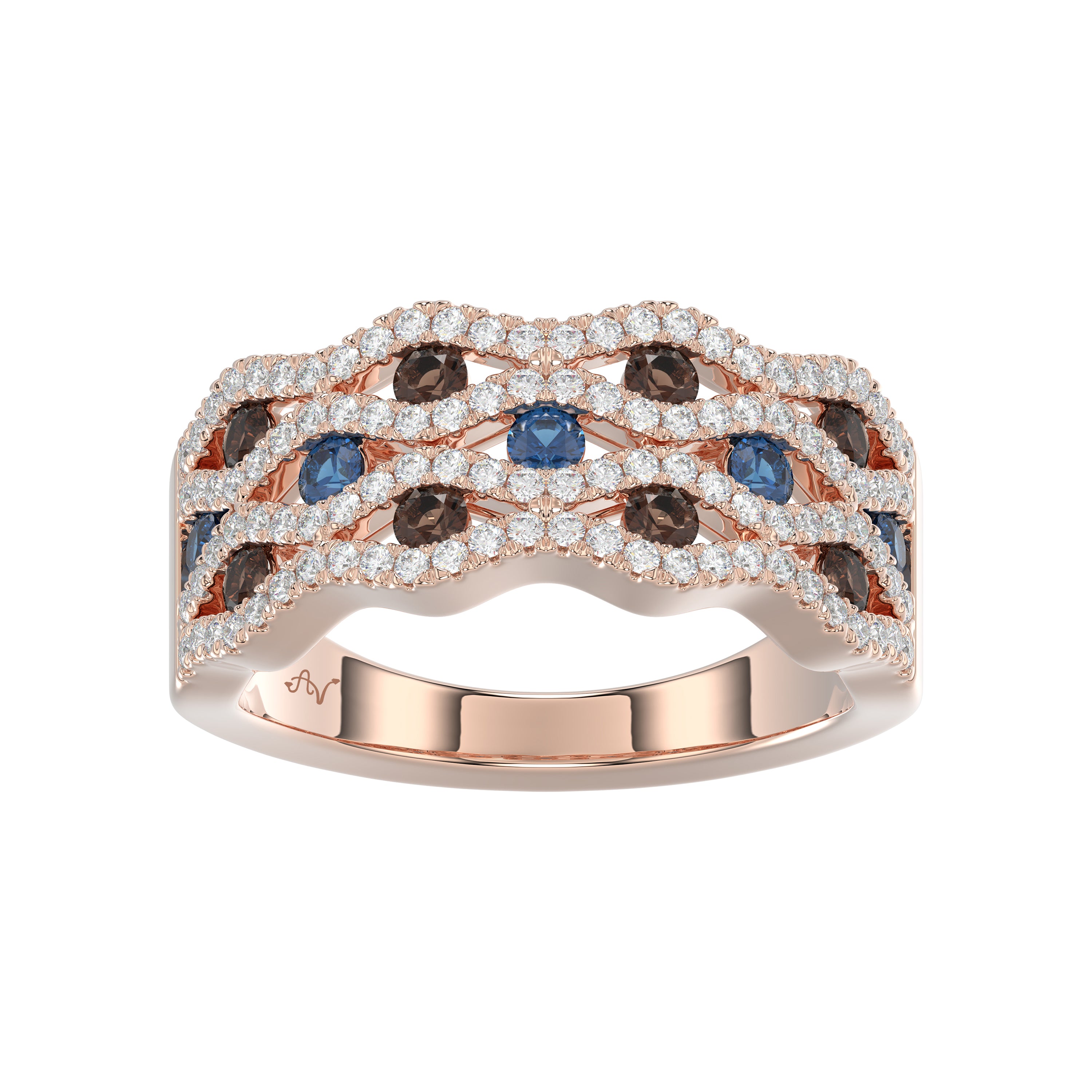 14K Rose Gold 1.00Ct Round Blue & Dark Brown Diamond Ladies Band Multi Color Fine Jewelry