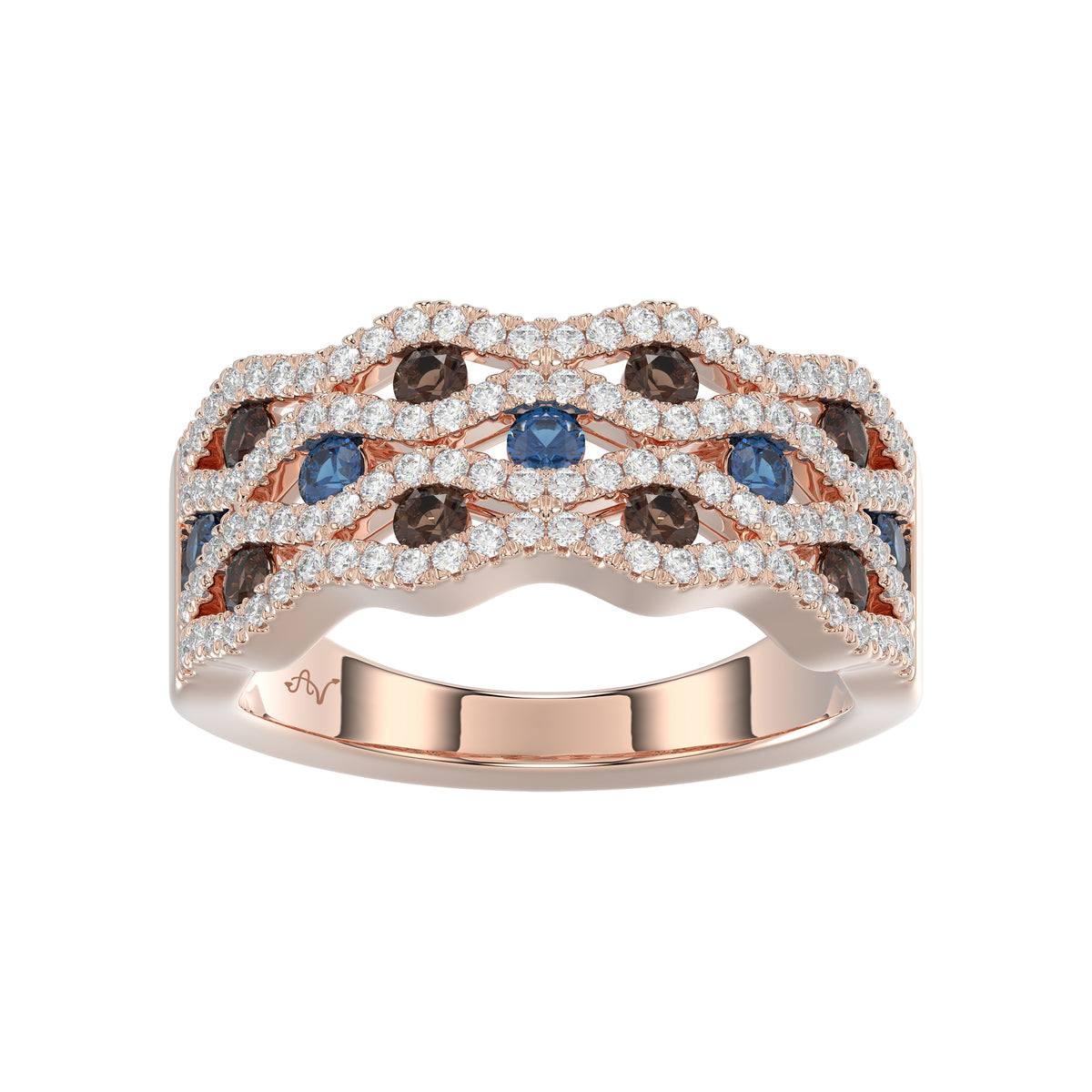 14K Rose Gold 1.00Ct Round Blue & Dark Brown Diamond Ladies Band Multi Color Fine Jewelry