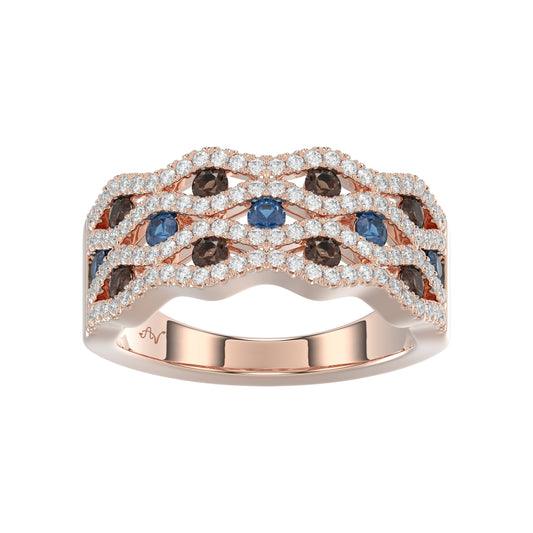 14K Rose Gold 1.00Ct Round Blue & Dark Brown Diamond Ladies Band Multi Color Fine Jewelry