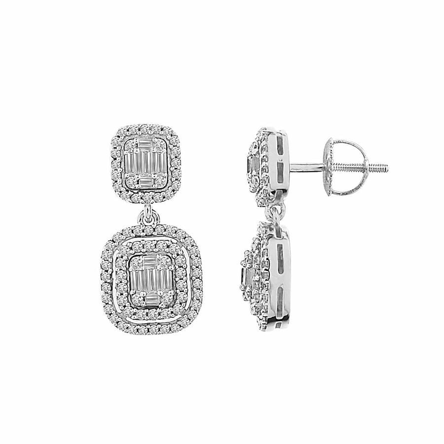 LADIES EARRINGS 1.00CT ROUND/BAGUETTE DIAMOND 14K WHITE GOLD