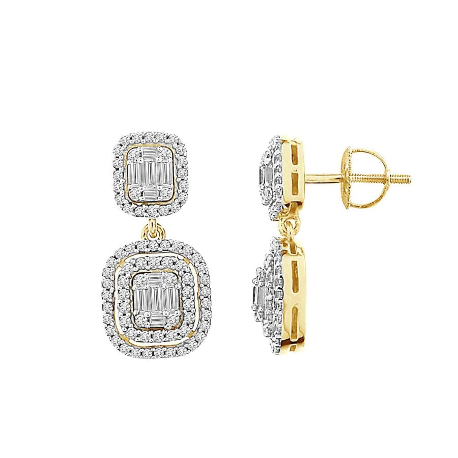 LADIES EARRINGS 1.00CT ROUND/BAGUETTE DIAMOND 14K YELLOW GOLD