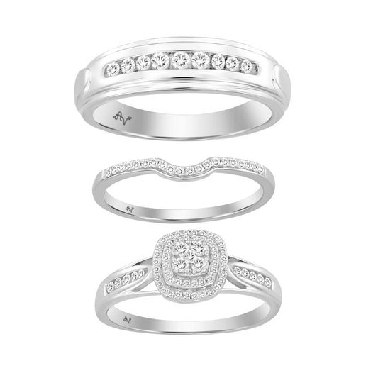 Sterling Silver White 0.50CT Round Diamond Trio Bridal Set For Women Diamond Engagement & Wedding Ring Set