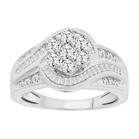 LADIES RING 1.00CT ROUND/BAGUETTE DIAMOND 10K WHITE GOLD