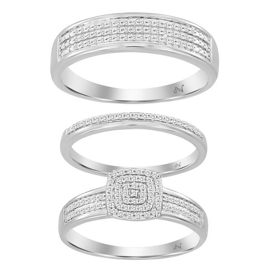 Sterling Silver 0.33CT Round Diamond Trio Bridal Ring Set In Ladies Wedding & Engagement Trio Set