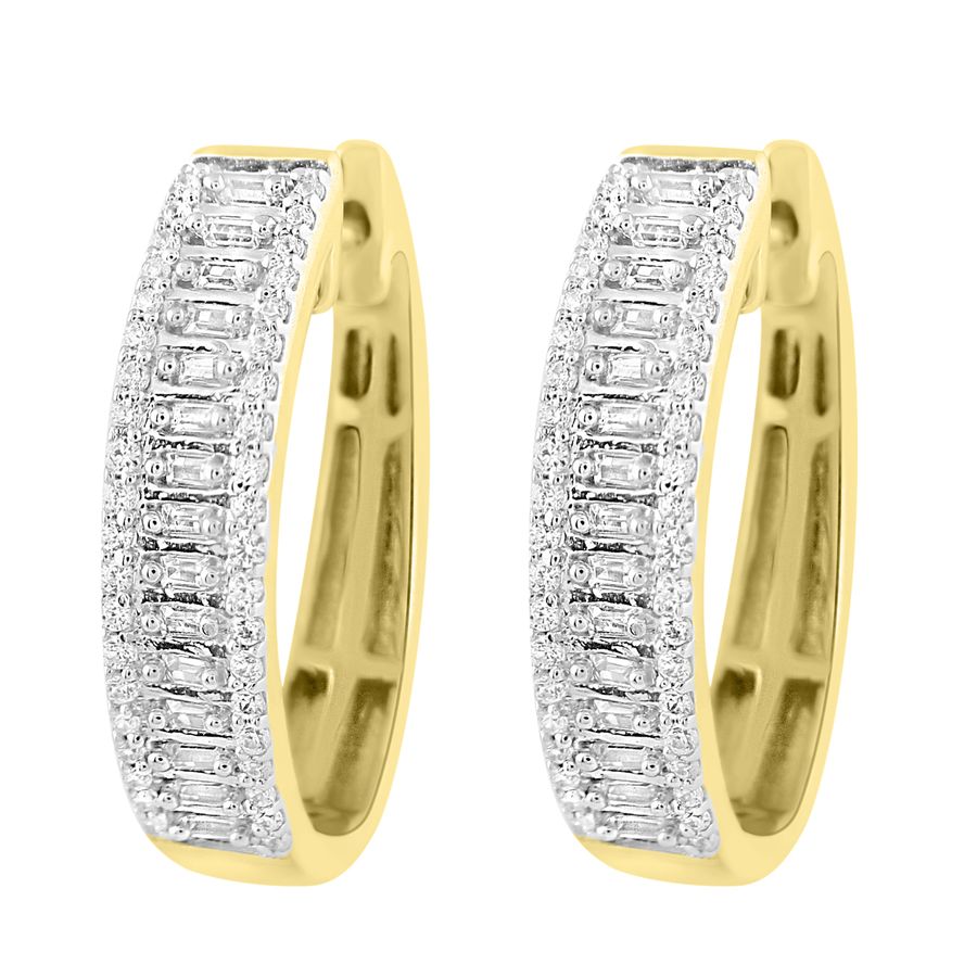 LADIES HOOP EARRINGS 0.50CT ROUND/BAGUETTE DIAMOND 10K YELLOW GOLD