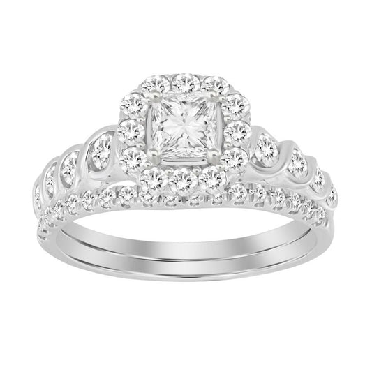 LADIES BRIDAL SET 1.00CT ROUND DIAMOND 14K WHITE GOLD (CENTER STONE 0.33CT PRINCESS DIAMOND)