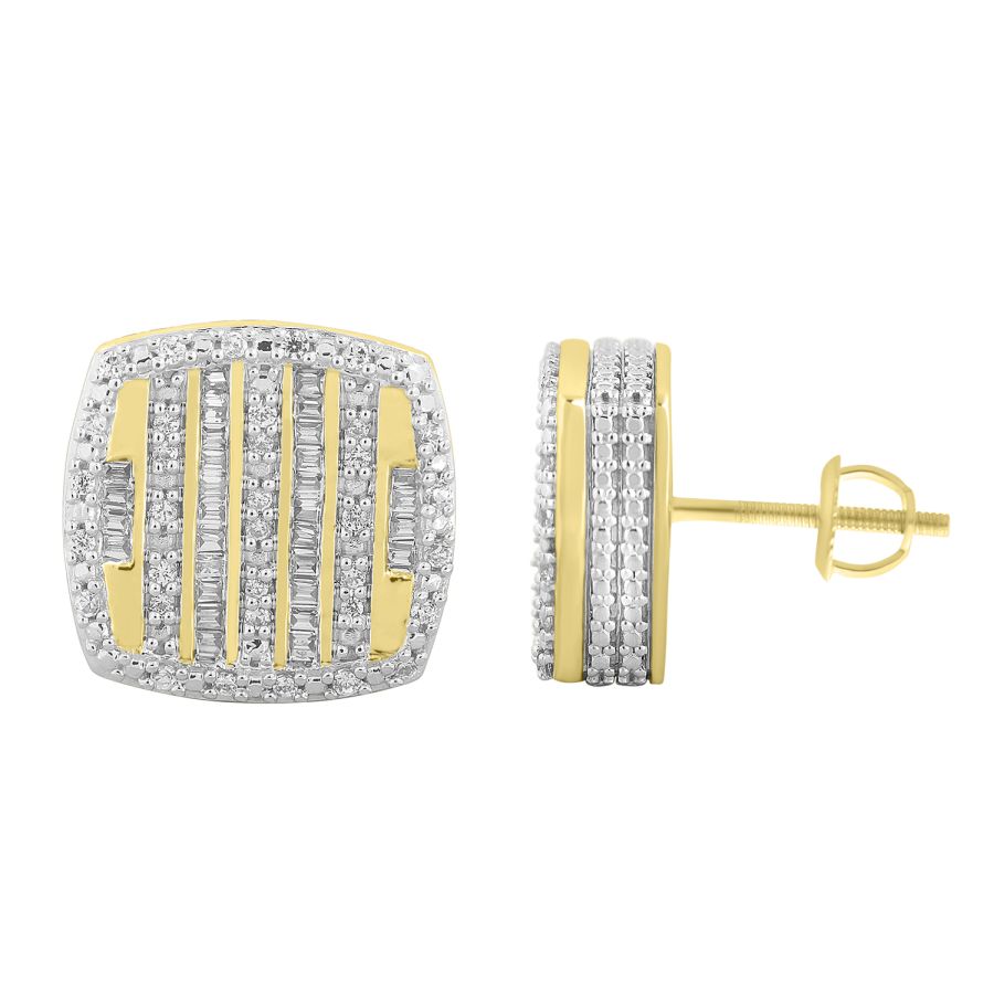 LADIES STUD EARRINGS 0.50CT ROUND/BAGUETTE DIAMOND 10K YELLOW GOLD