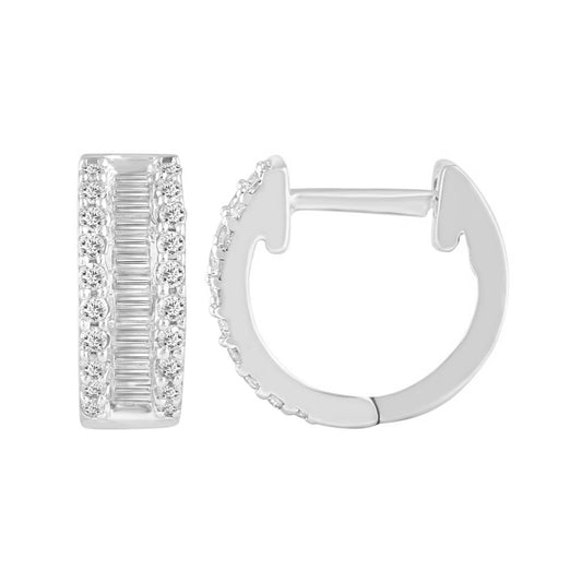 LADIES HOOPS EARRINGS 0.50CT ROUND/BAGUETTE DIAMOND 10K WHITE GOLD