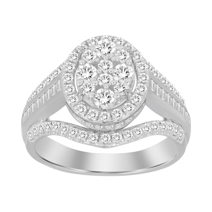 LADIES RING 1.00CT ROUND/BAGUETTE DIAMOND 10K WHITE GOLD