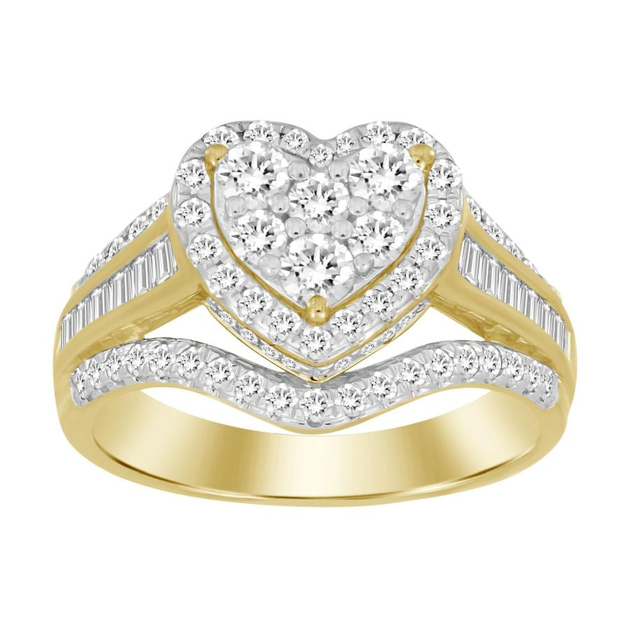 LADIES RING 1.00CT ROUND/BAGUETTE DIAMOND 10K YELLOW GOLD