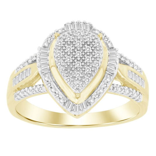 LADIES RING 0.25CT ROUND/BAGUETTE DIAMOND 10K YELLOW GOLD