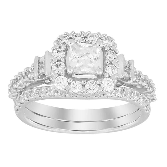 BRIDAL RING SET 1.50CT ROUND/BAGUETTE/PRINCESS DIAMOND 14K WHITE GOLD