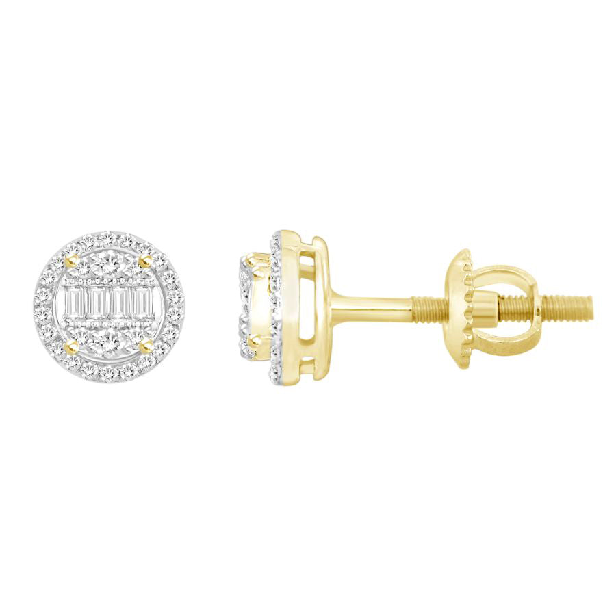 LADIES EARRINGS 0.25CT ROUND/BAGUETTE DIAMOND 10K YELLOW GOLD