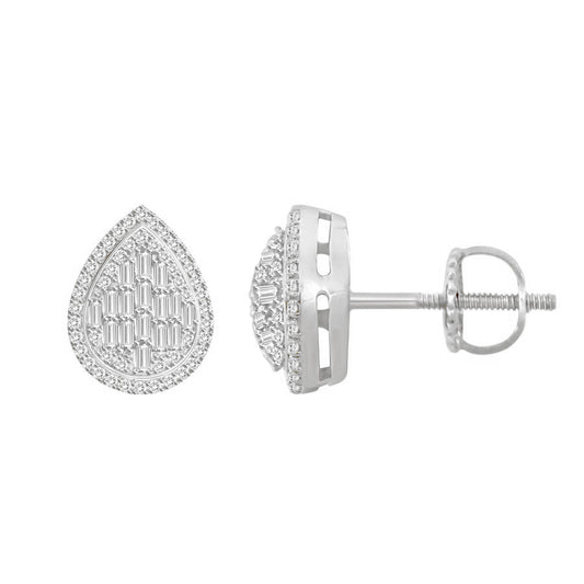 LADIES EARRINGS 0.50CT ROUND/BAGUETTE DIAMOND 10K WHITE GOLD