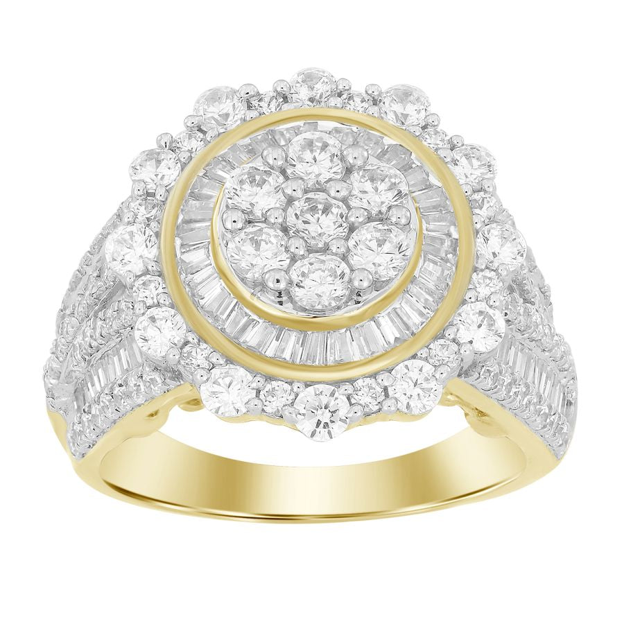 LADIES RING 2.00CT ROUND/BAGUETTE DIAMOND 10K YELLOW GOLD