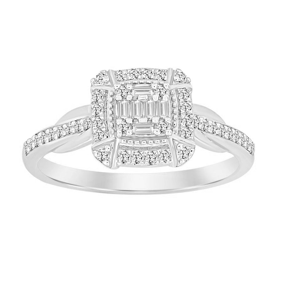 LADIES RING 0.25CT ROUND/BAGUETTE DIAMOND 10K WHITE GOLD