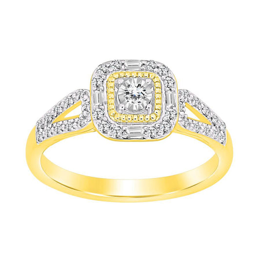 LADIES RING 0.25CT ROUND/BAGUETTE DIAMOND 10K YELLOW GOLD