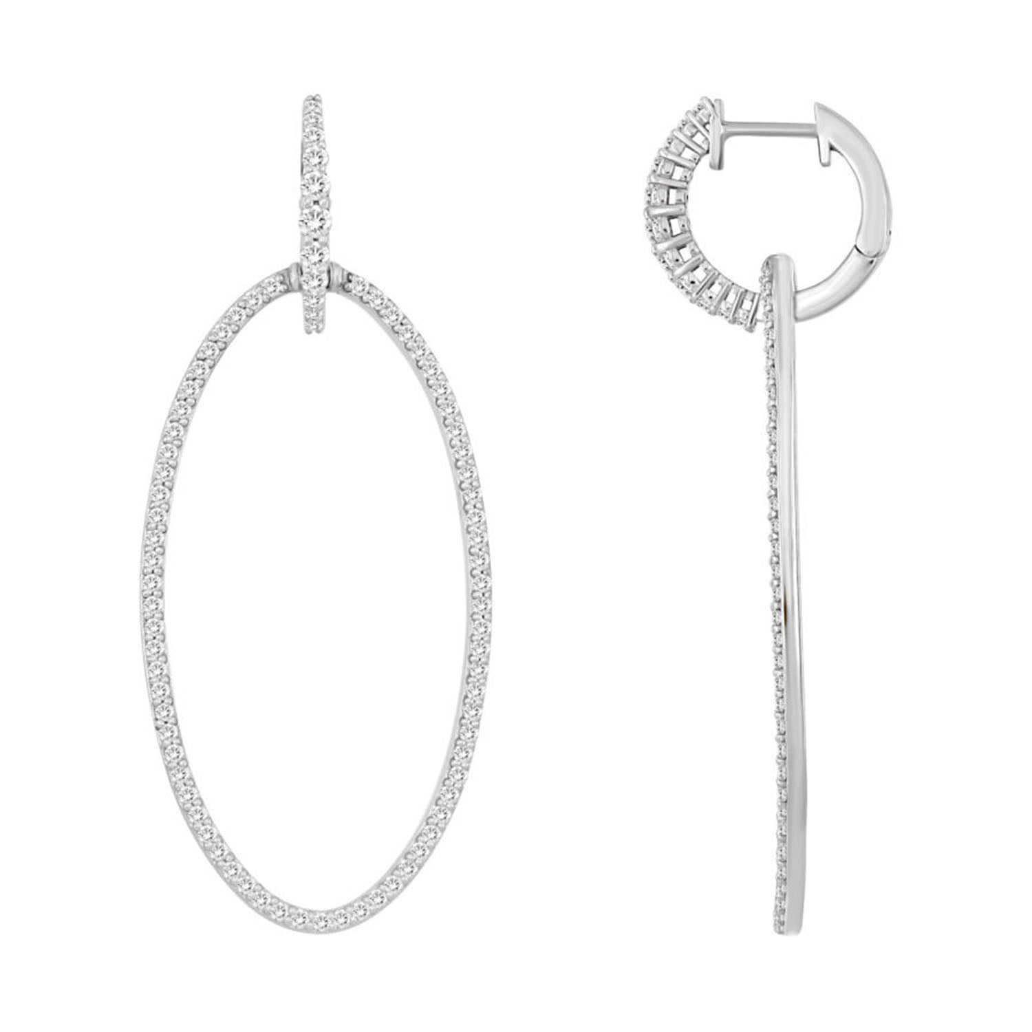 LADIES HOOP EARRINGS 1.25CT ROUND DIAMOND 14K WHITE GOLD