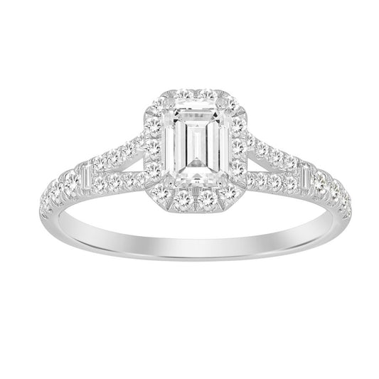 LADIES RING 1.00CT ROUND/BAGUETTE DIAMOND 14K WHITE GOLD (SI QUALITY) (CENTER STONE 0.50CT EMERALD DIAMOND)