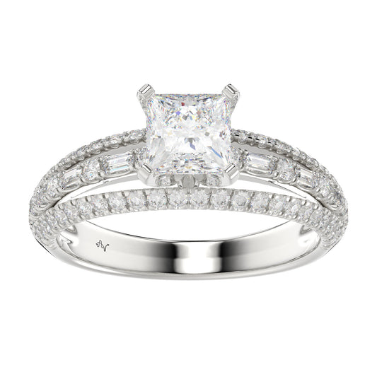 LADIES SEMI MOUNT RING 0.50CT ROUND/PRINCESS/BAGUETTE DIAMOND 14K WHITE GOLD (SI QUALITY) (CENTER STONE 1.00CT PRINCESS DIAMOND)