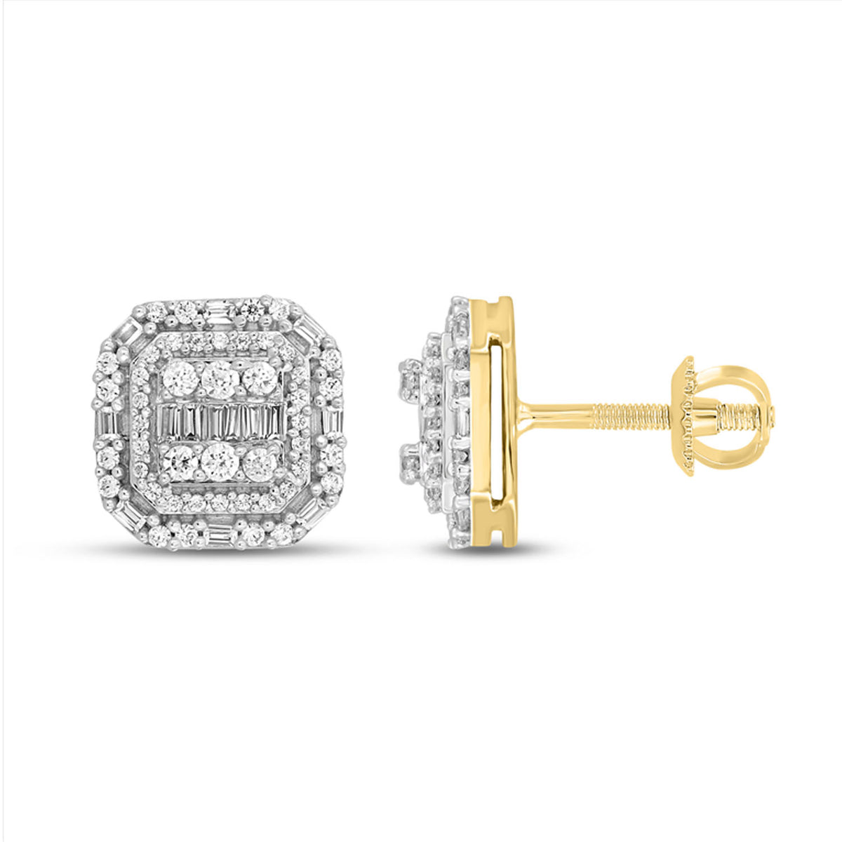 LADIES EARRINGS 0.50CT ROUND/BAGUETTE DIAMOND 10K YELLOW GOLD