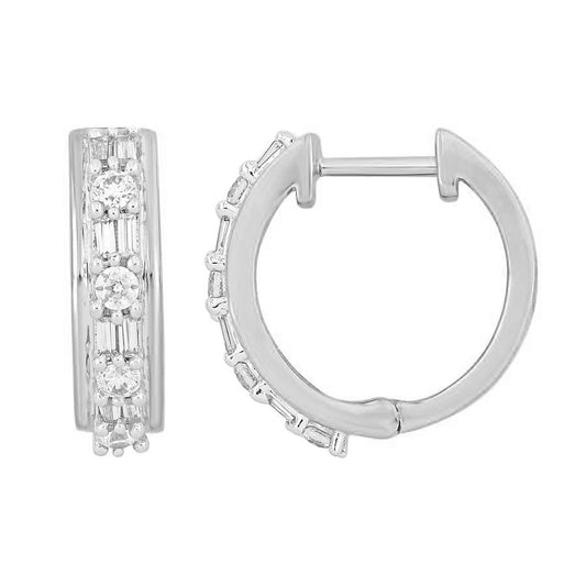 LADIES HOOP EARRINGS 0.40CT ROUND/BAGUETTE DIAMOND 10K WHITE GOLD