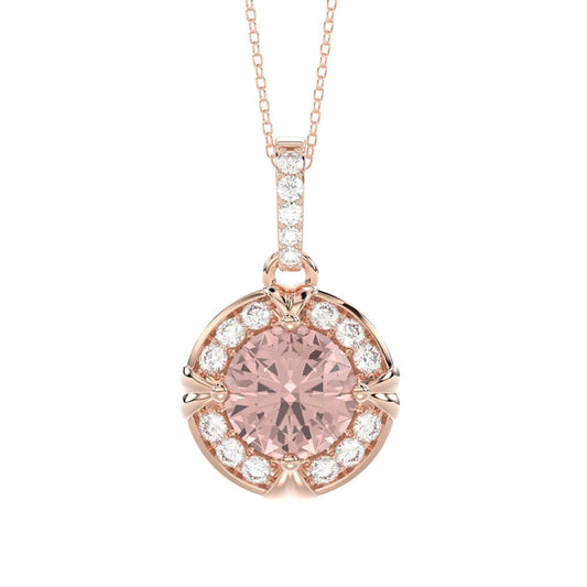 LADIES PENDANT 1.40CT ROUND DIAMOND 14K ROSE GOLD  (PEACH MORGANITE 1.20CT)