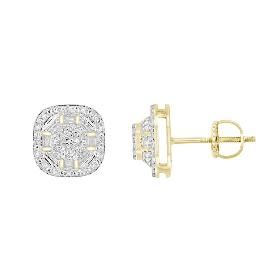 LADIES EARRINGS 0.20CT ROUND/BAGUETTE DIAMOND 10K YELLOW GOLD