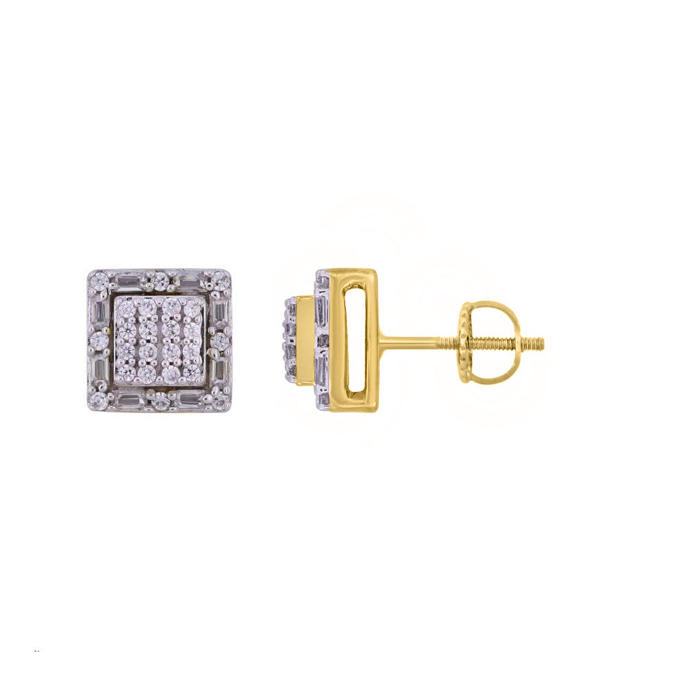 LADIES EARRINGS 0.25CT ROUND/BAGUETTE DIAMOND 10K YELLOW GOLD