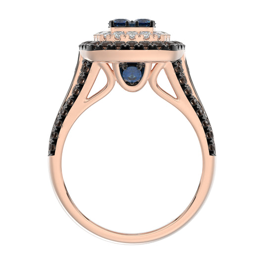 Bold And Elegant 14K Rose Gold Ladies Ring Featuring 1.50Ct Round Diamonds In Blue, Dark Brown , And White Tones. A Striking Multi-Stone Design Perfec
