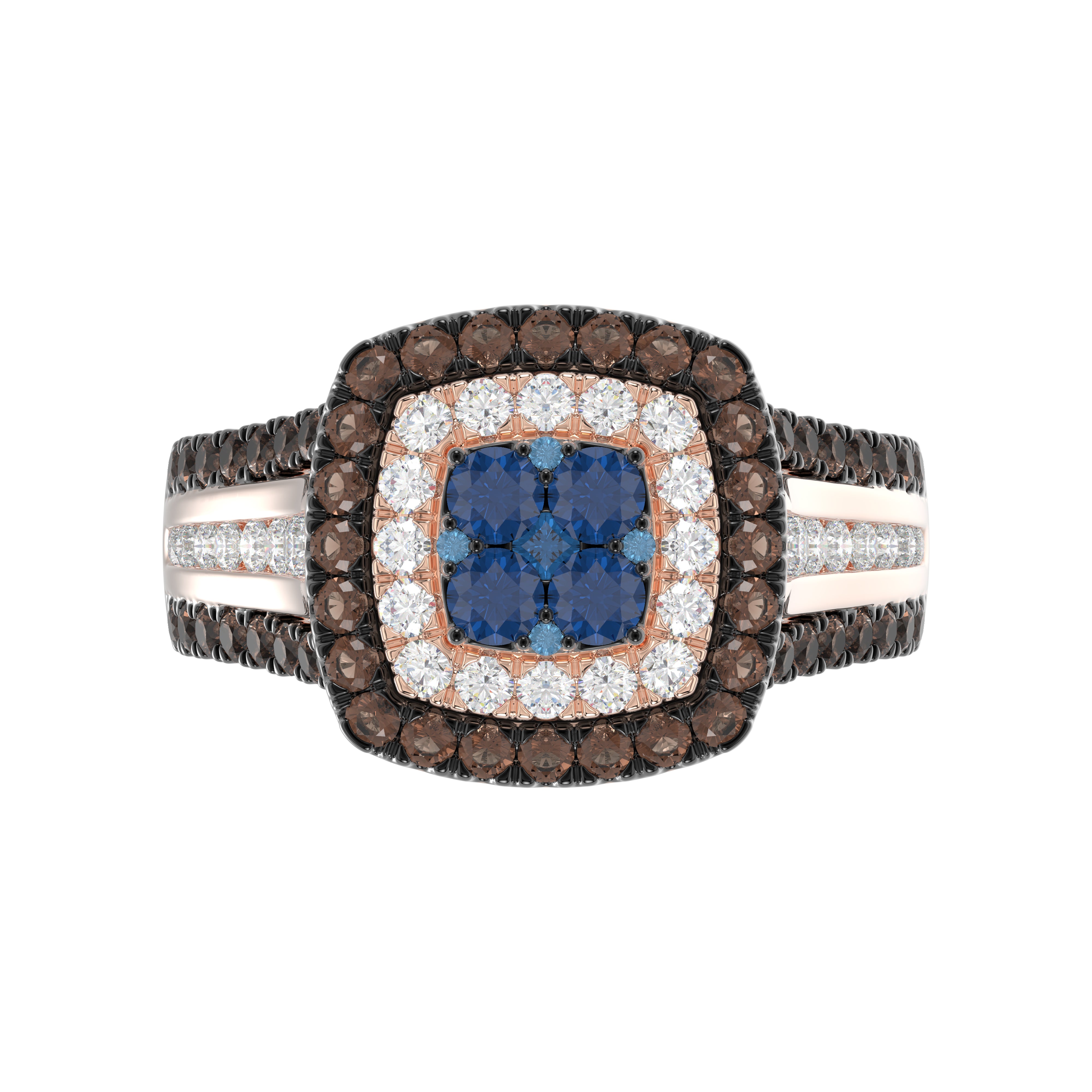 Bold And Elegant 14K Rose Gold Ladies Ring Featuring 1.50Ct Round Diamonds In Blue, Dark Brown , And White Tones. A Striking Multi-Stone Design Perfec