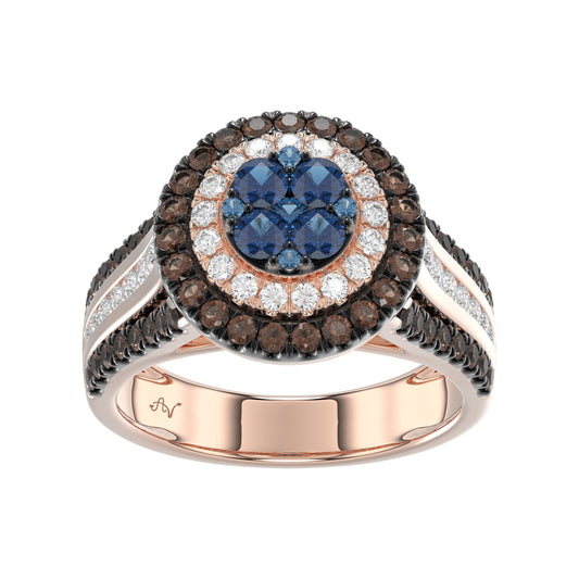 14K Rose Gold Multi Color Diamond Halo Ring 1.50Ct Blue, Dark Brown & Round Diamond Ladies Ring