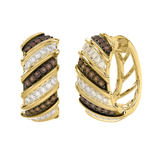 LADIES HOOPS EARRINGS 0.50CT ROUND/DARK BROWN DIAMOND 14K YELLOW GOLD