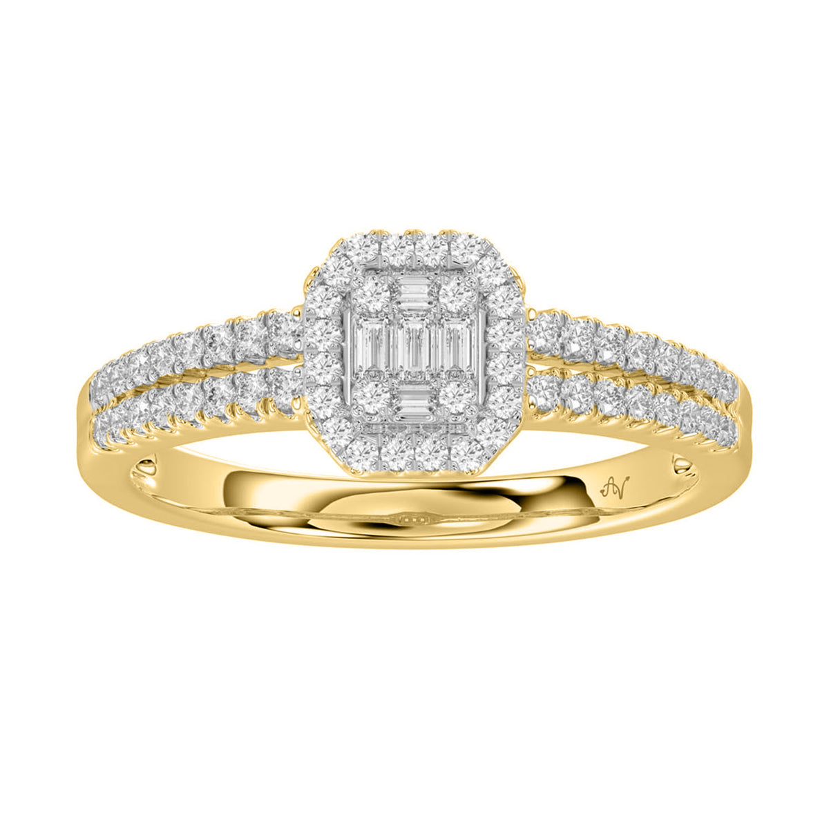 LADIES RING 0.20CT ROUND/BAGUETTE DIAMOND 14K YELLOW GOLD